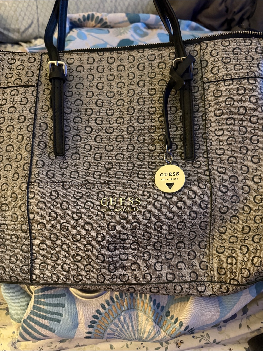GUESS Gray Signature Logo Tote with Black Handles